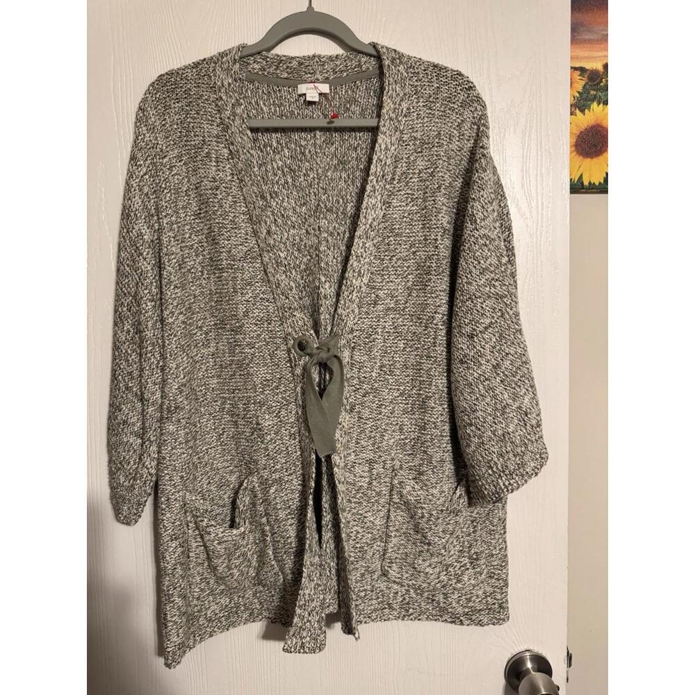 Pure Jill Womens Cardigan Sweater Size M Gray Pockets Tie Front 3/4 Sleeves
